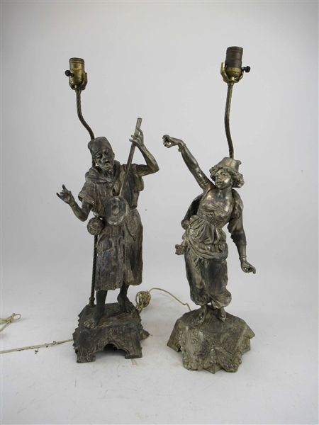 Two Silvered Metal Figural Table Lamps