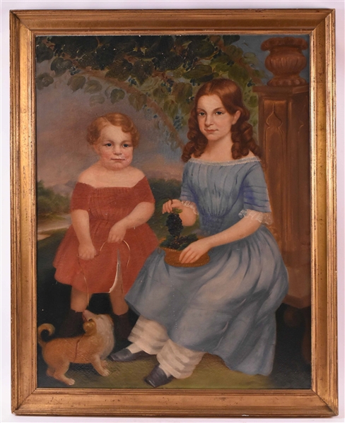 Oil on Canvas, Folk Art Portrait of Two Girls