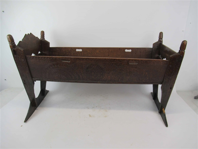 Antique Scandinavian Carved Wooden Cradle 