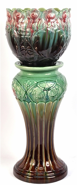 Majolica Floral-Decorated Jardiniere and Stand