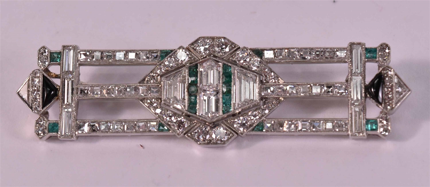 Edwardian Platinum Diamond Emerald Onyx Brooch