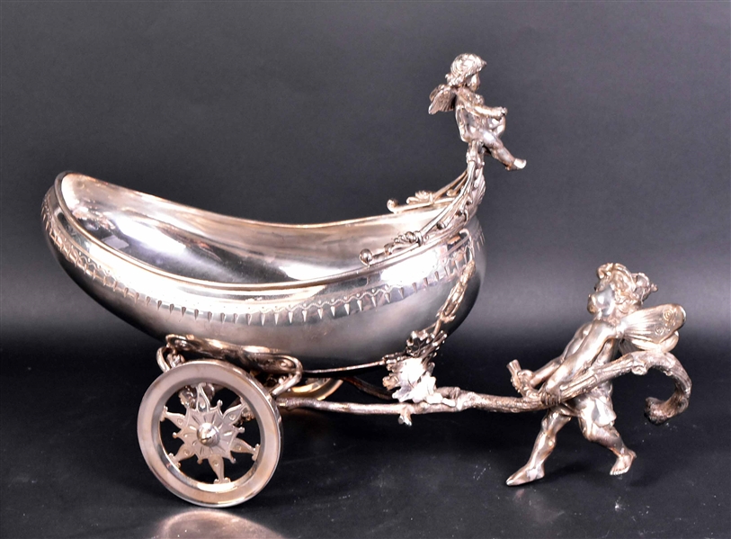 Large Silver Plated Putti Pulling Chariot
