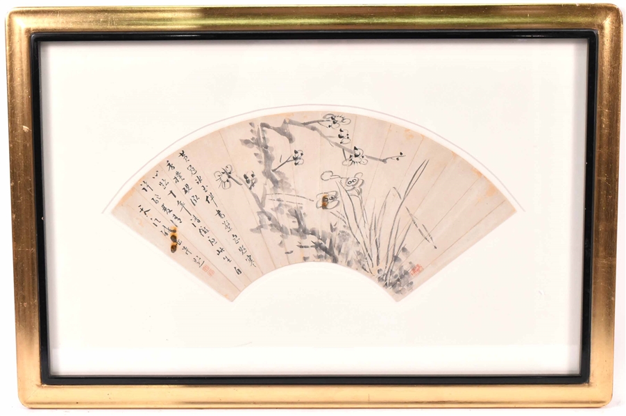 Ink on Paper Flowering Plum Blossoms Fan Painting