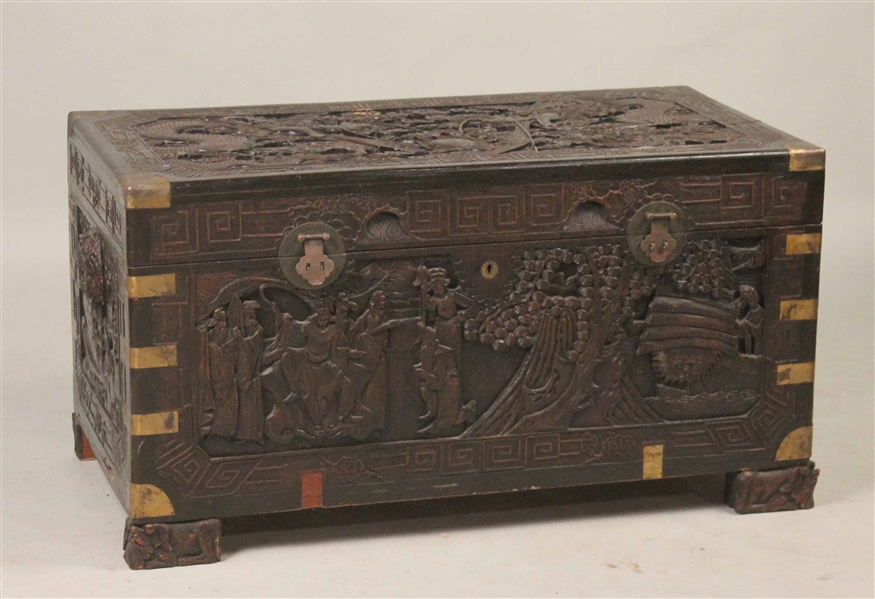 Chinese Carved Hardwood Brass-Mounted Chest