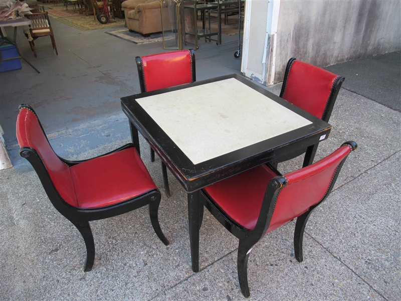 Four Ebonized and Faux Red-Leather Side Chairs