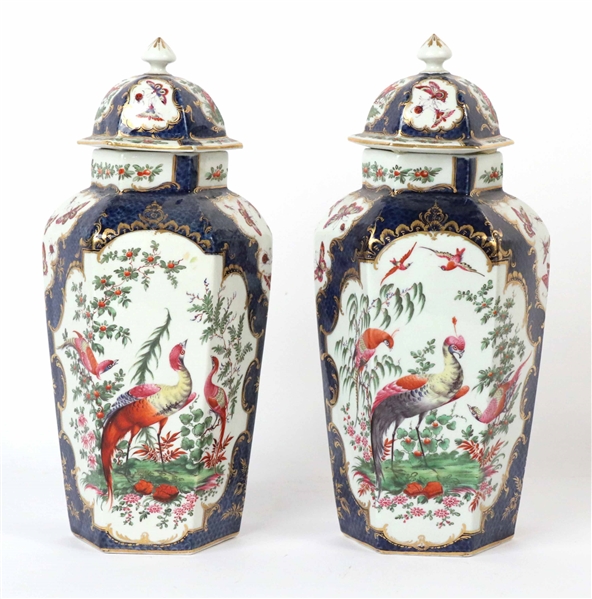 Pair First Period Worcester Cobalt Covered Vases