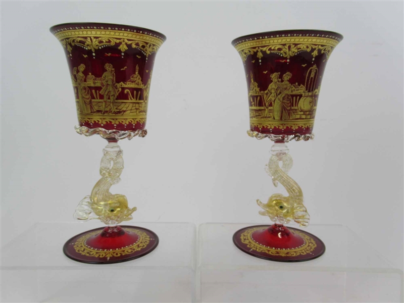 Pair of Venetian Parcel-Gilt & Red Glass Goblets