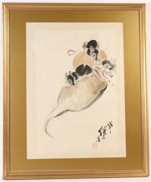 Chinese Watercolor on Paper, Mice on Radish