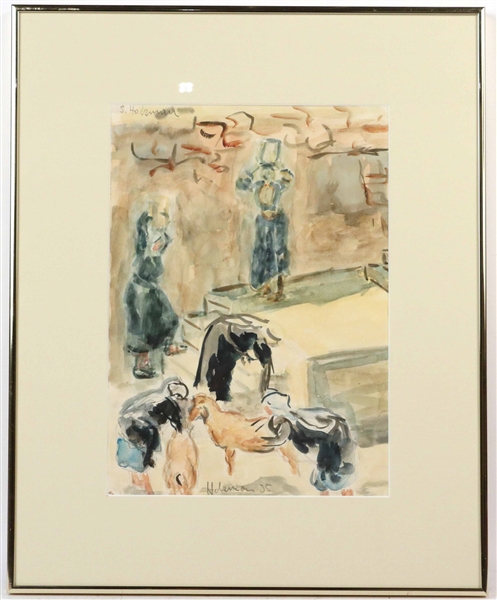 Watercolor, Shimshan Holzman, Women and Goats