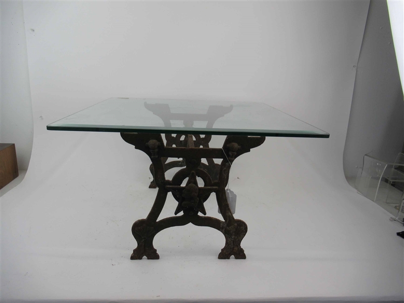 Antique Iron Trestle Base Glass Top Table
