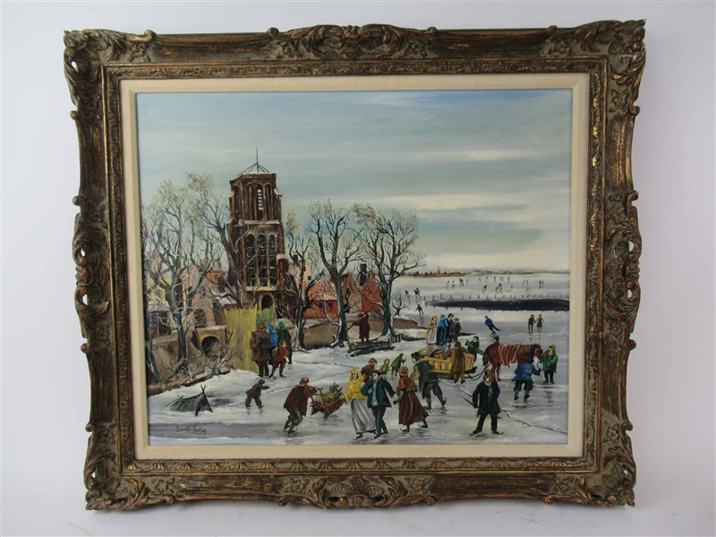 J. van Buiksloot Oil on Canvas of Ice Skaters