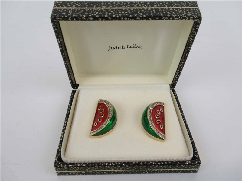 Pair of Judith Leiber Watermelon Enamel Ear Clip