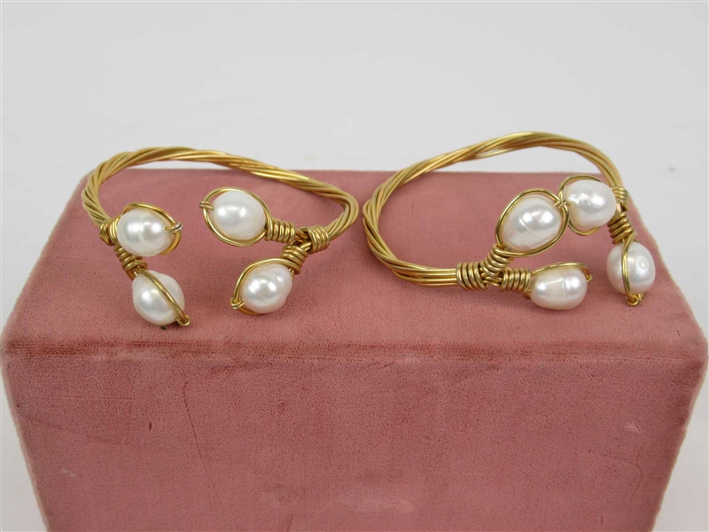 Pair of Gold Tone Wire & Pearl Bangle Bracelets