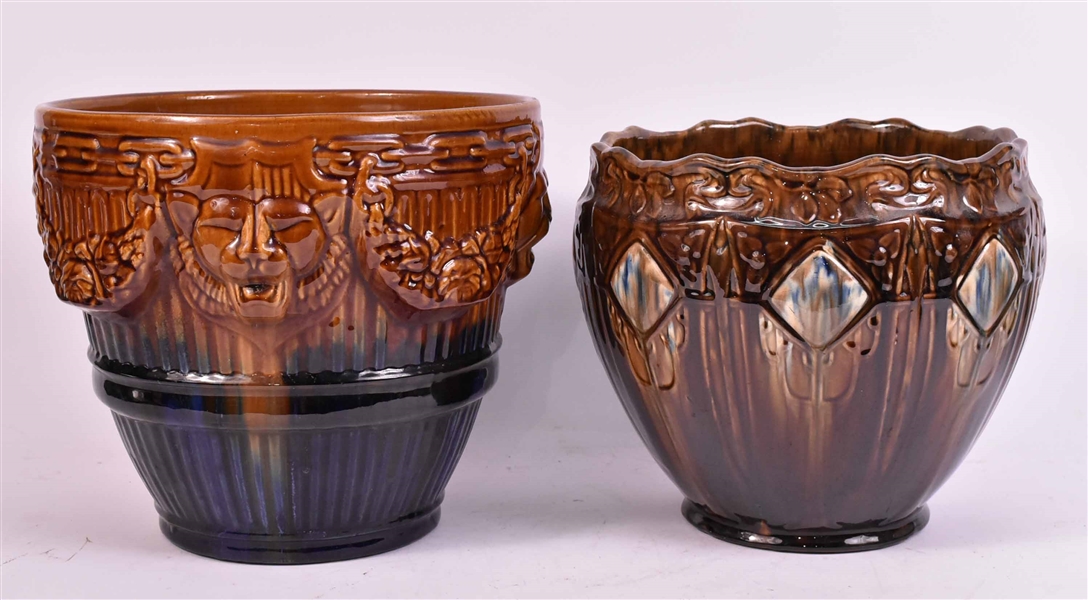 Two Majolica Blue and Brown Jardinieres