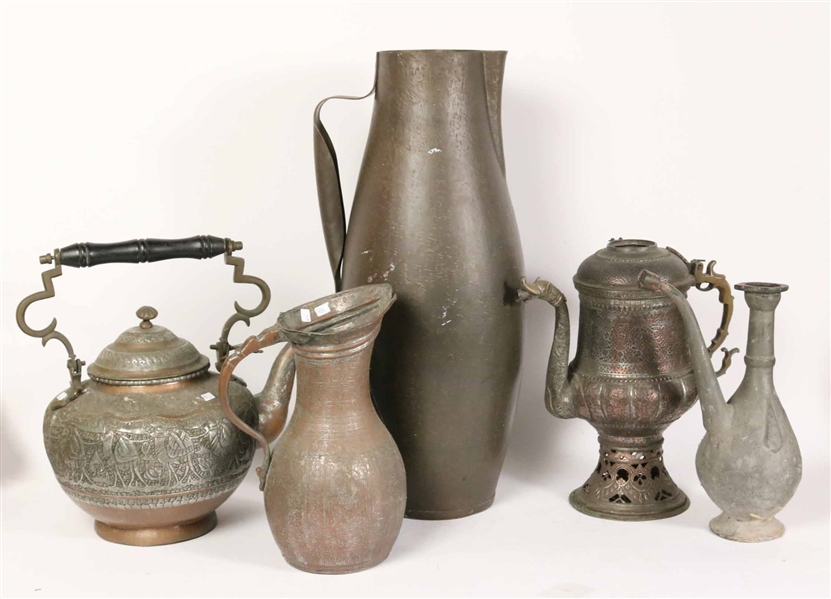 Five Persian Metal Pitchers and Teapots
