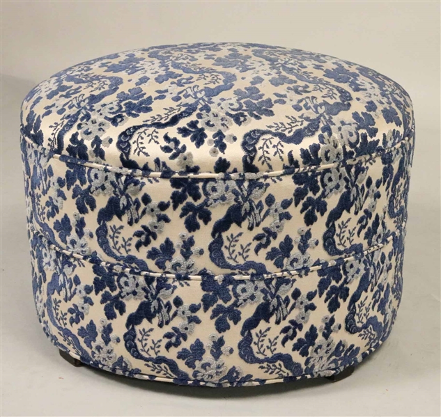 Blue and White Upholstered Round Ottoman