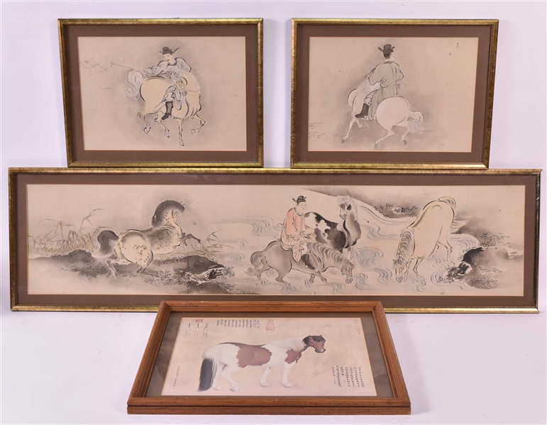 Three Chinese Framed Playtal Horses Ink on Panels