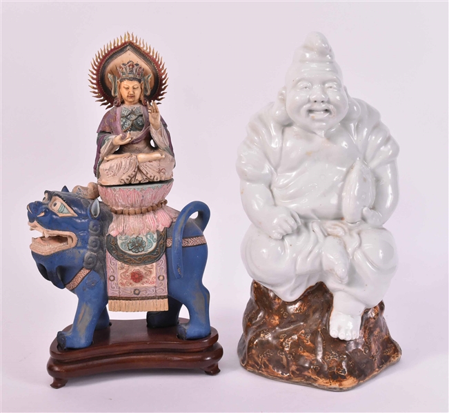 Painted Wood Figural of Deity on Lion