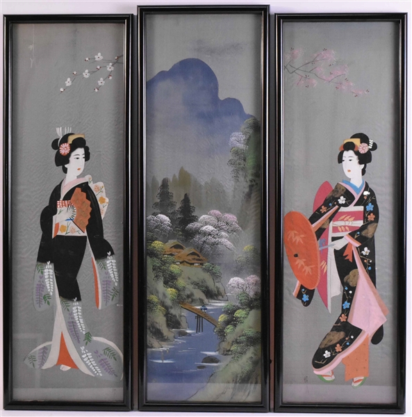 Three Hand-Painted Silk Panels