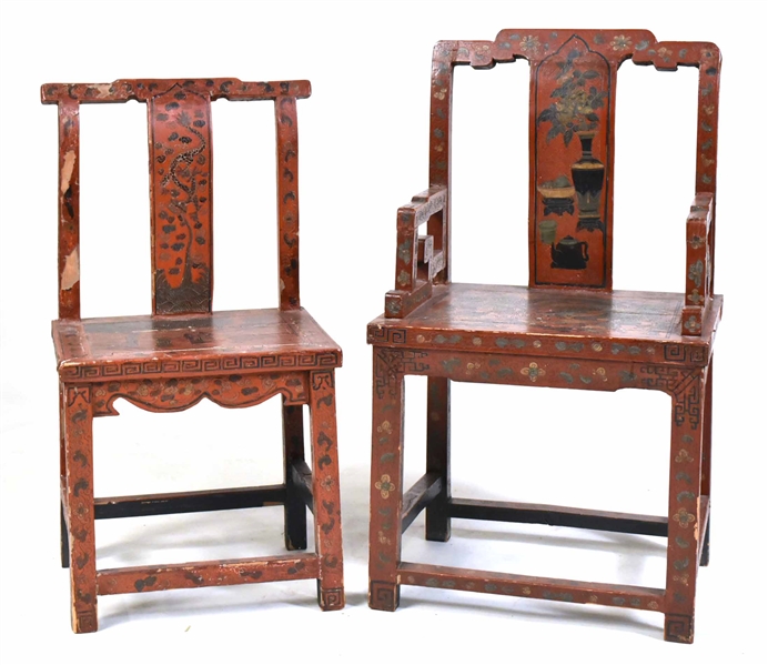 Two Chinese Scarlet-Lacquered Armchairs