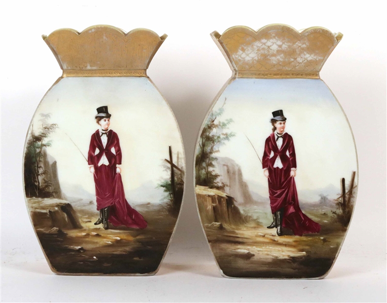Pair of Continental Scalloped Hand Painted Vases