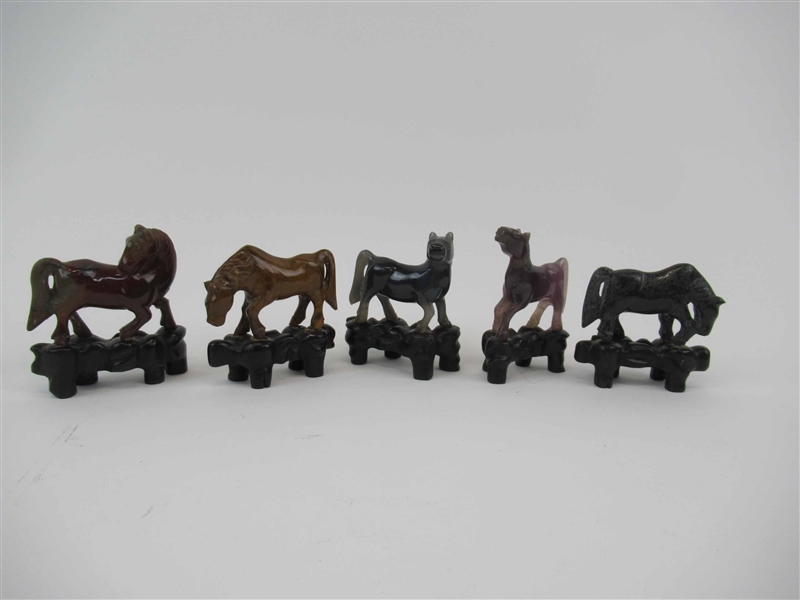 5 Assorted Stone Carved Horses on Hardwood Bases
