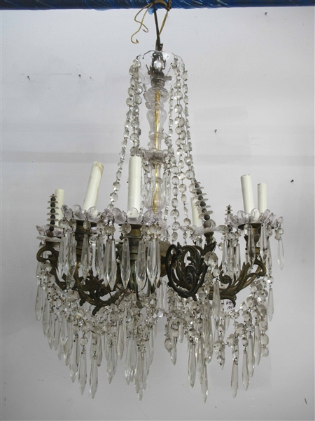 8 Light Crystal and Patinated Metal Chandelier
