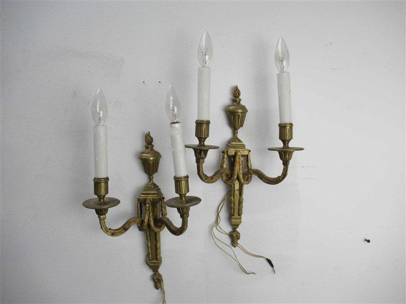 Pair of Bronze Two Light Torch Form Wall Sconces
