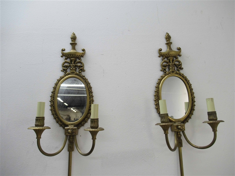 Pair of Brass Mirrored Back Wall Sconces