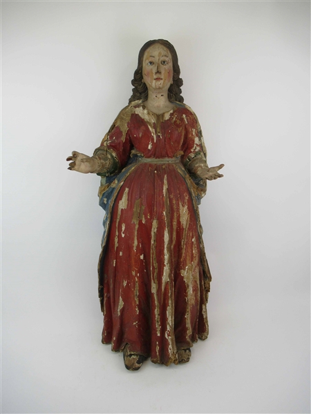 Antique Polychrome Wooden Carved Statue Madonna 