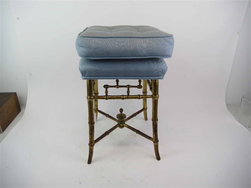 Gilt Faux Bamboo Blue Tufted Vanity Stool