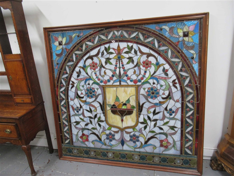 Antique Framed Large Stained Glass Panel