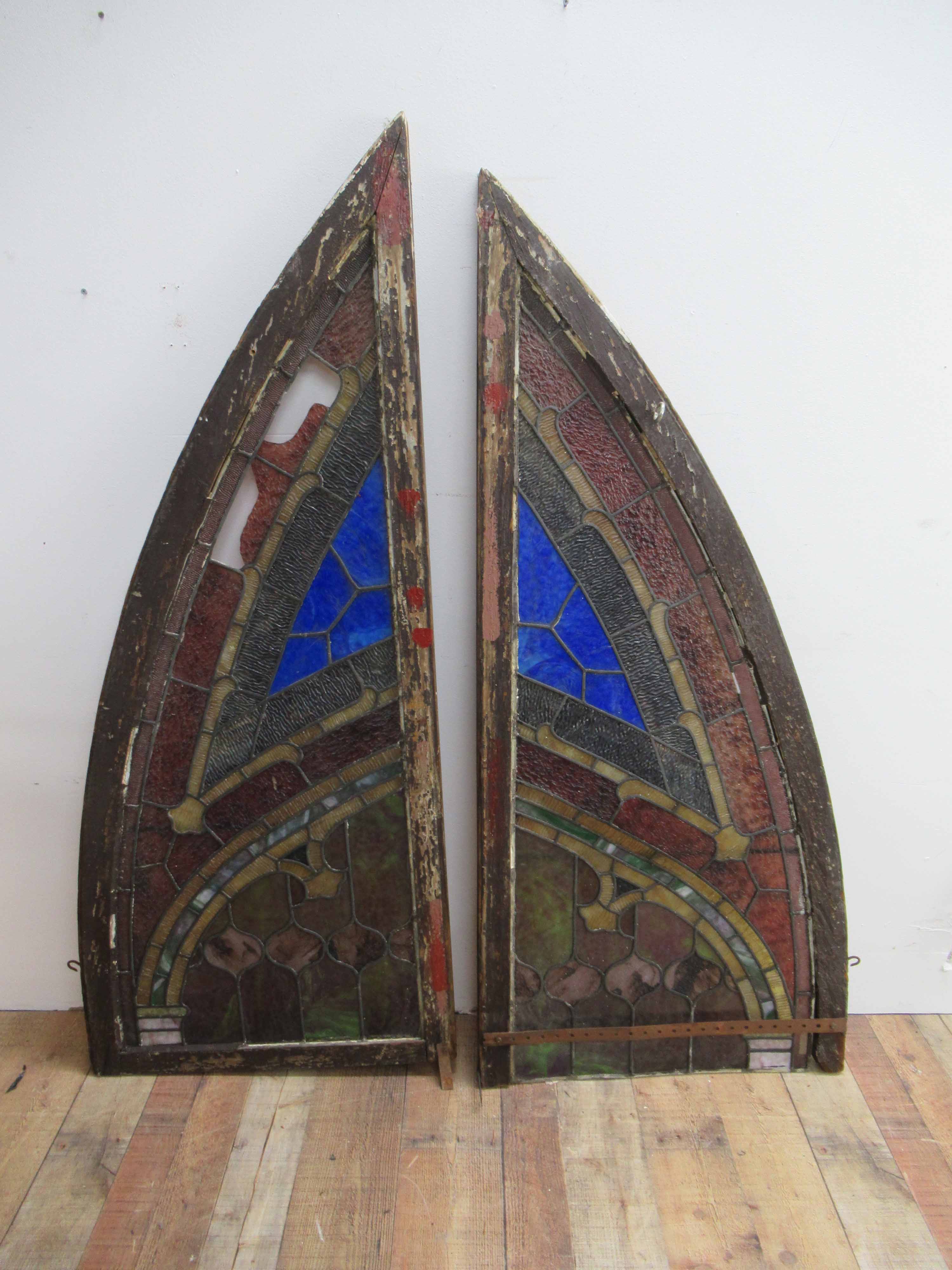 Lot Detail Antique Pair Of Arched Stained Glass Window Panel