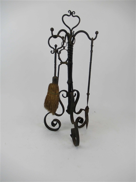 Antique Set of Wrought Iron Fire Tools and Stand