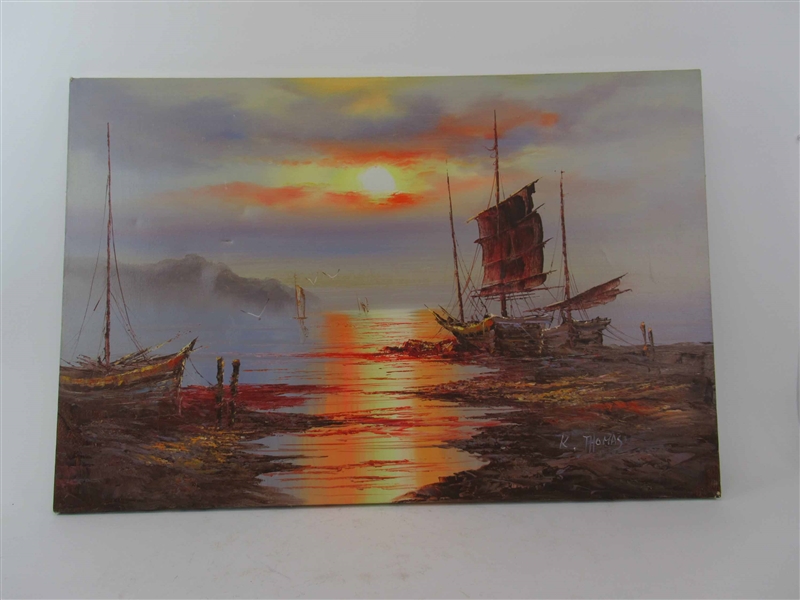 Oil On Canvas Of Beached Sail Boat  Oceanside