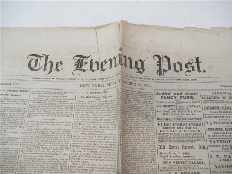 The Evening Post Newspaper 1861 Civil War Pages
