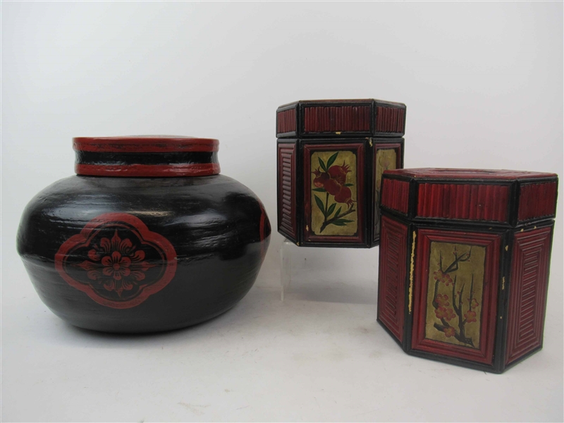 Black and Red Lacquered Asian Bamboo Basket