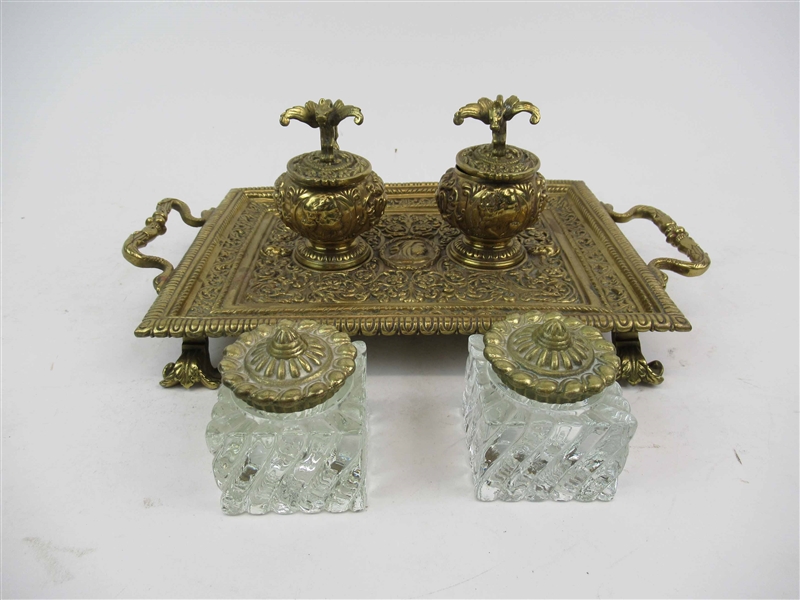 Antique Ornate Brass Handled Inkwell Tray