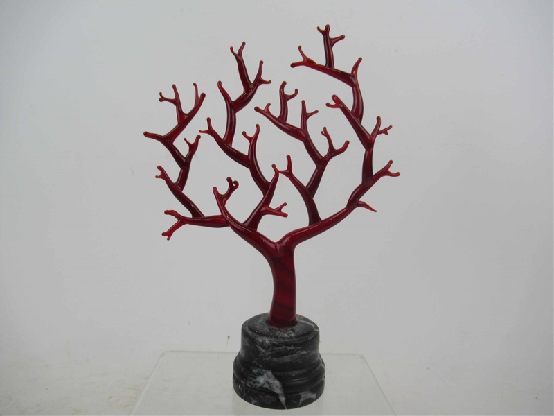 Red Glass Art Coral Sculpture on Marble Base