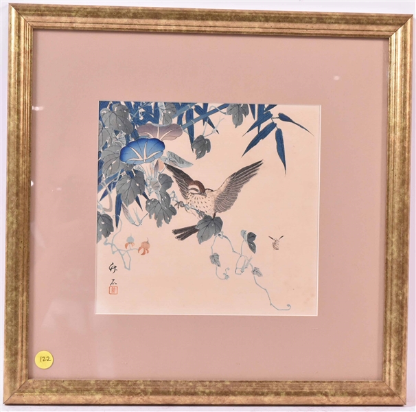 Japanese Woodblock Print Sparrow & Bee