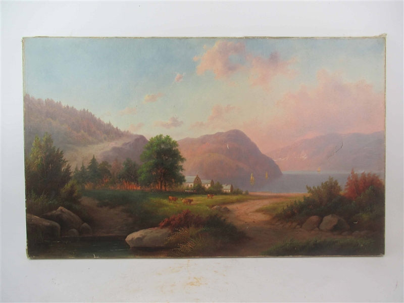 Oil on Canvas Hudson River Scene Landscape & Cows