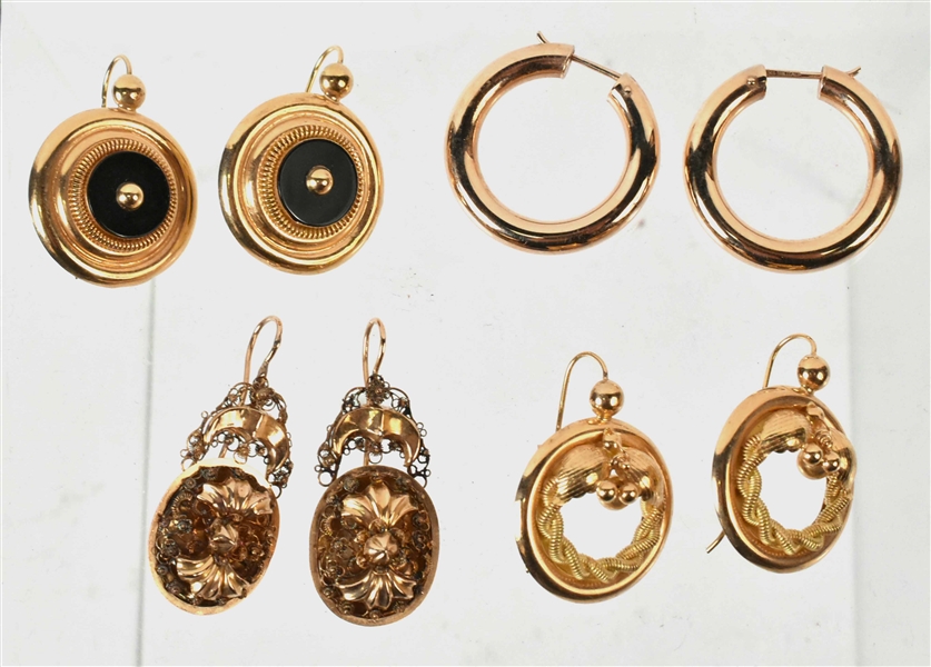 Four Pair of Yellow Gold Earrings