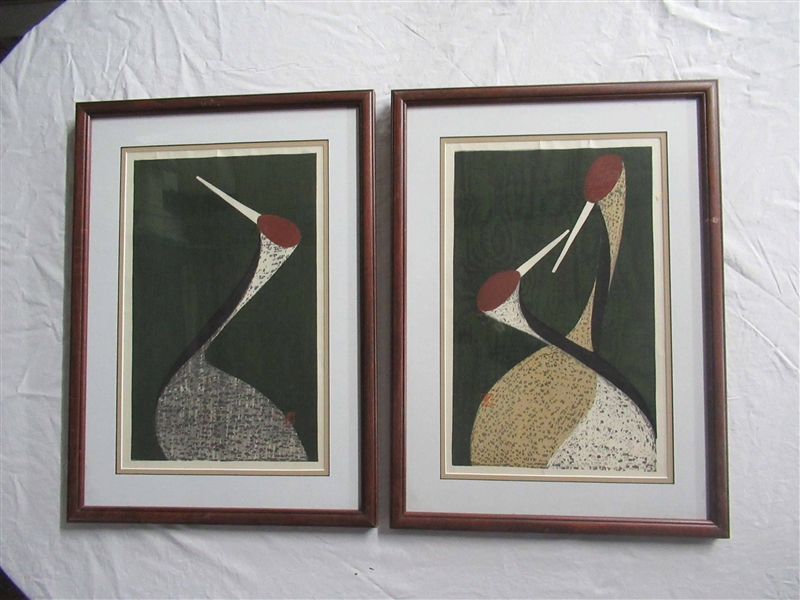 Two Asian Colored Prints of Abstract Herons