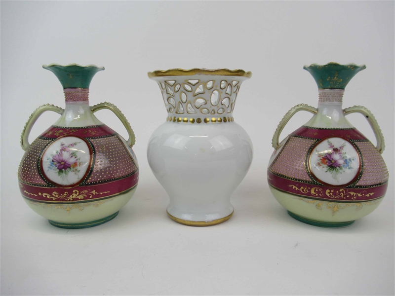 Pair of Floral Decorated Double Handled Vase