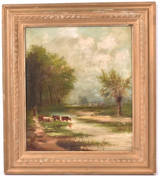 Oil on Canvas, River Landscape with Cows