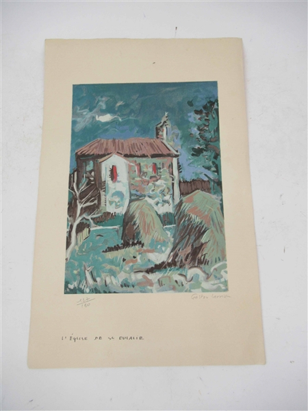 Print of Church in Landscape by Gaston Larrieu