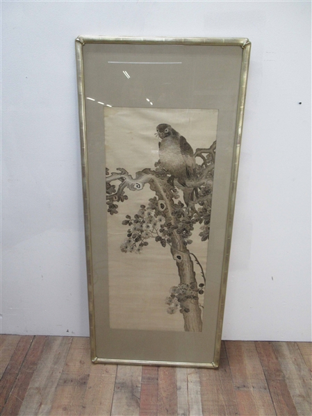 Vintage Japanese Silk Embroidered Falcon on Tree