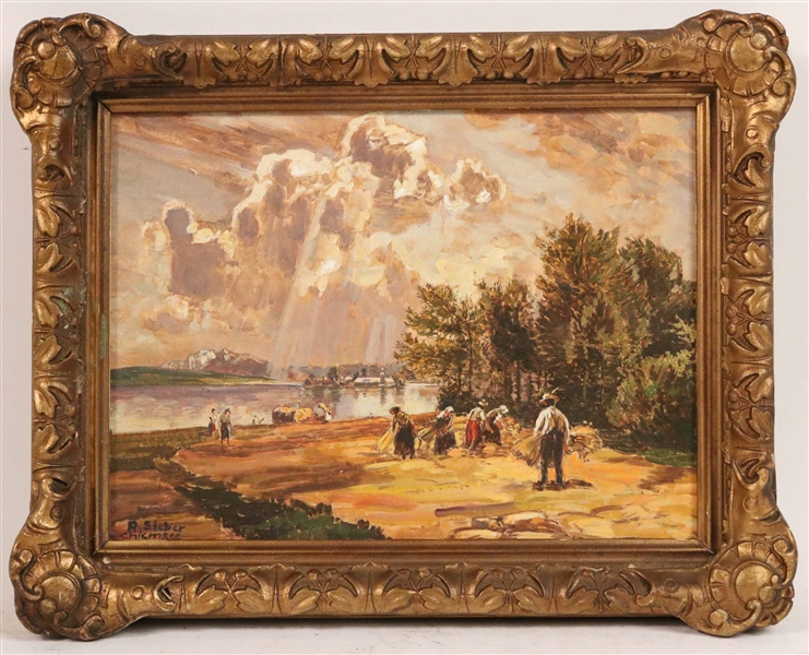 Oil on Board, Figures Harvesting Hay, A. Sieber 