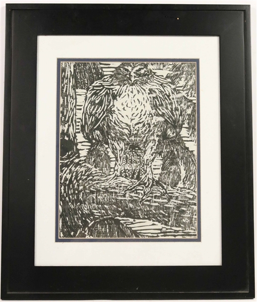 Woodblock Print of an Eagle on Branch