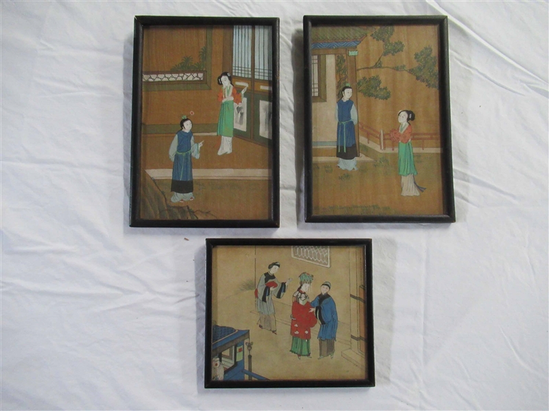 Three Japanese Mixed Media Paintings of Geishas 
